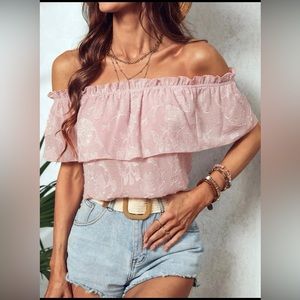 Baby pink off the shoulder ruffle trim blouse sz Medium